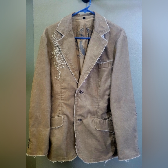Monarchy LA Jacket M Beige Embroidered Distressed Corduroy - Picture 2 of 8